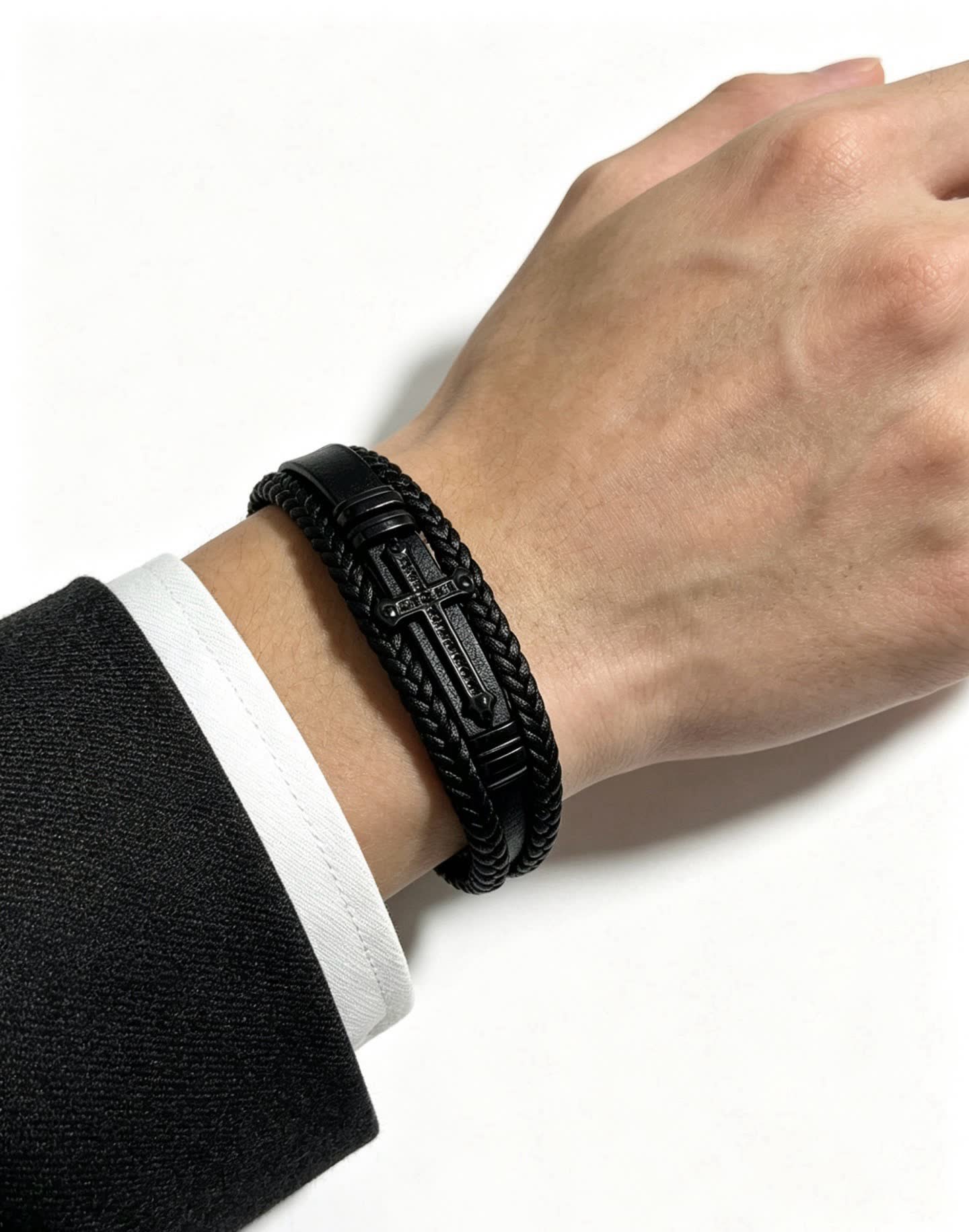 Chrome Hearts Black Braided Leather Bracelet with Cross Clasp